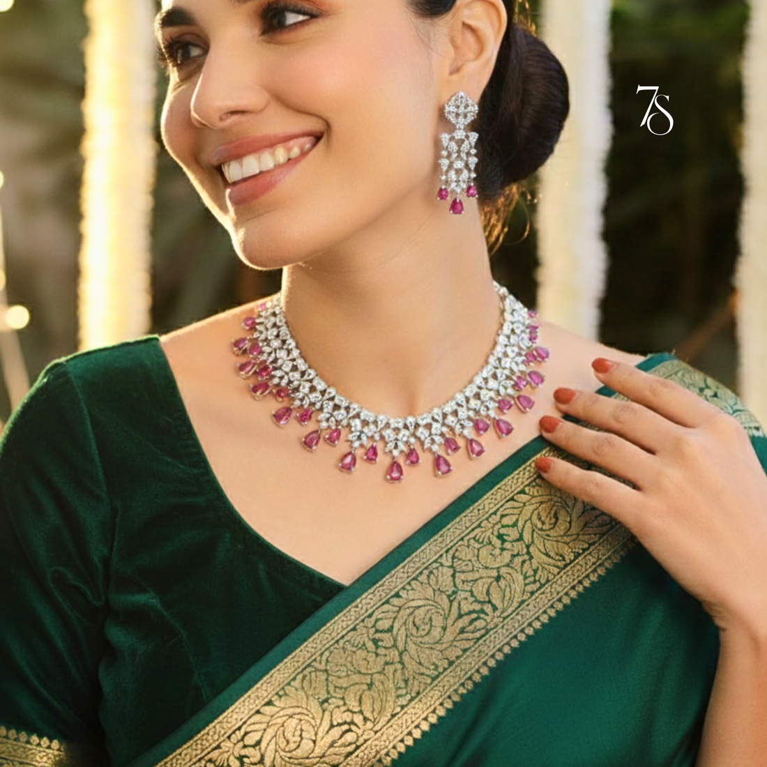 Ruby DewDrop American Diamond zirconia Set - Necklace & Earrings