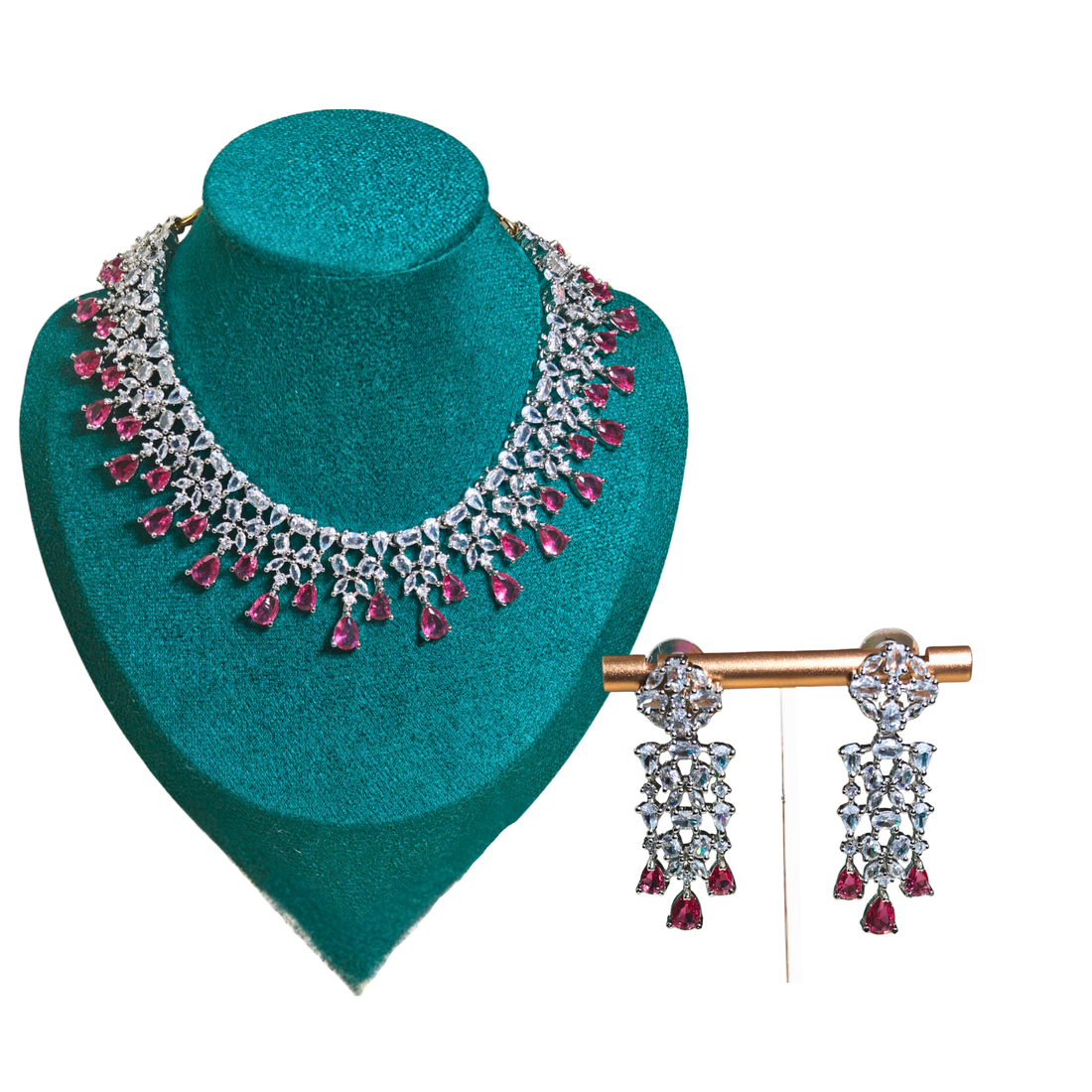 Ruby DewDrop American Diamond zirconia Set - Necklace & Earrings