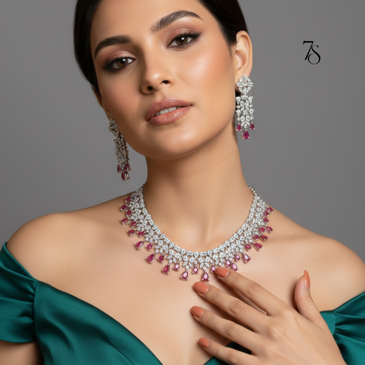 Ruby DewDrop American Diamond zirconia Set - Necklace & Earrings