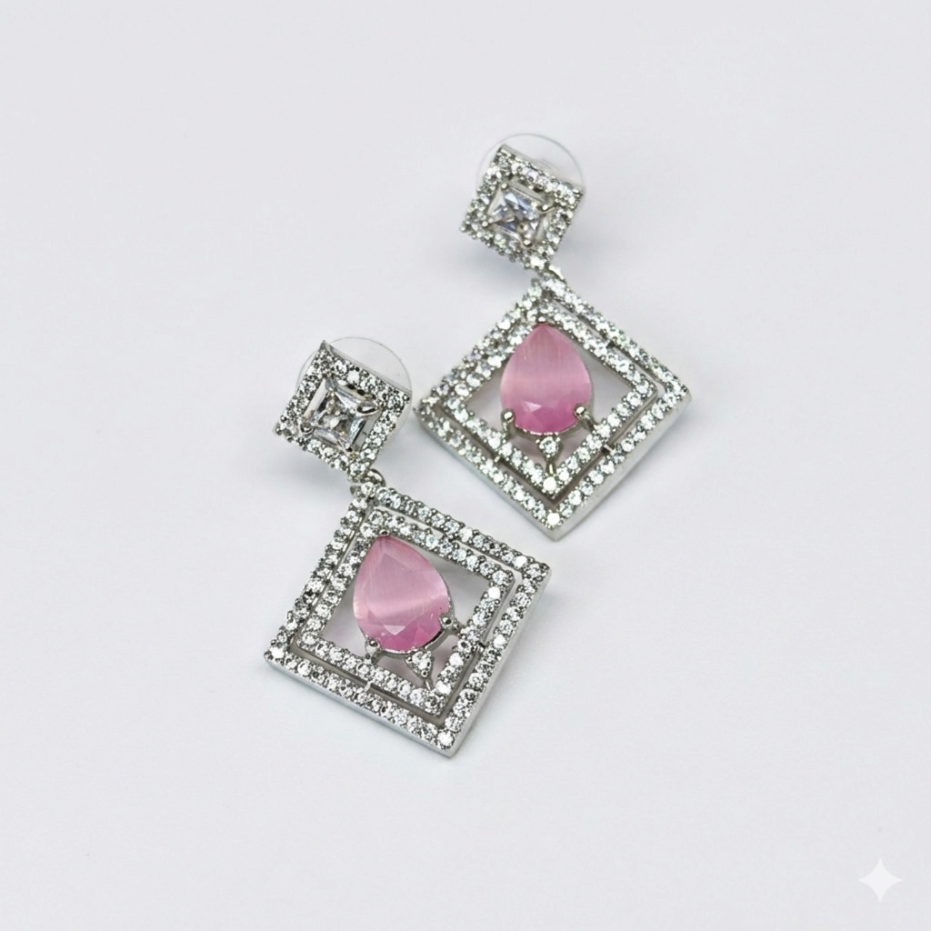 Pink Velvet American Diamond Square Drop Earrings