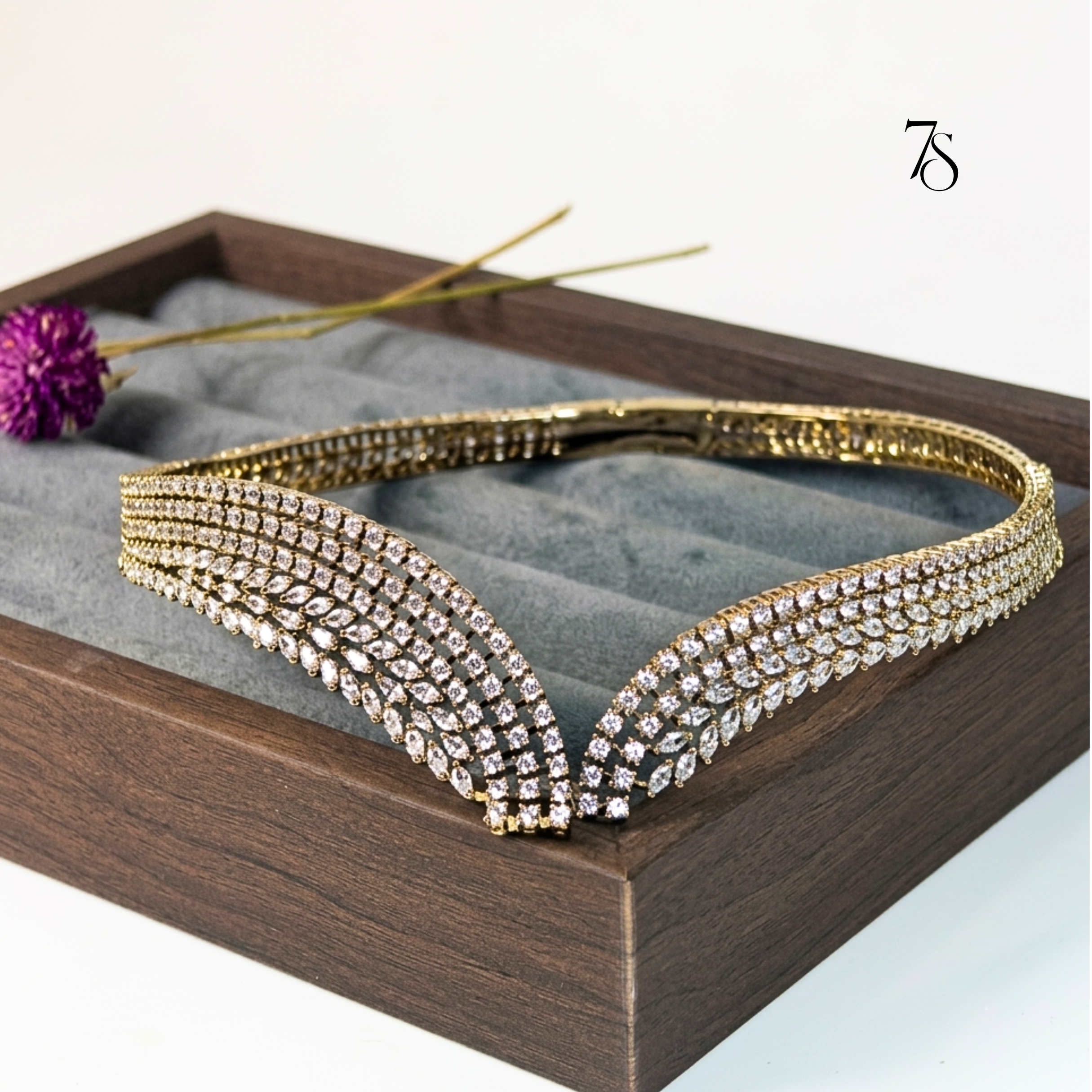 Sparkling American Diamond Hasli Set | Gold Finish Choker & Teardrop Earrings for Karwa Chauth, Weddings & Engagements