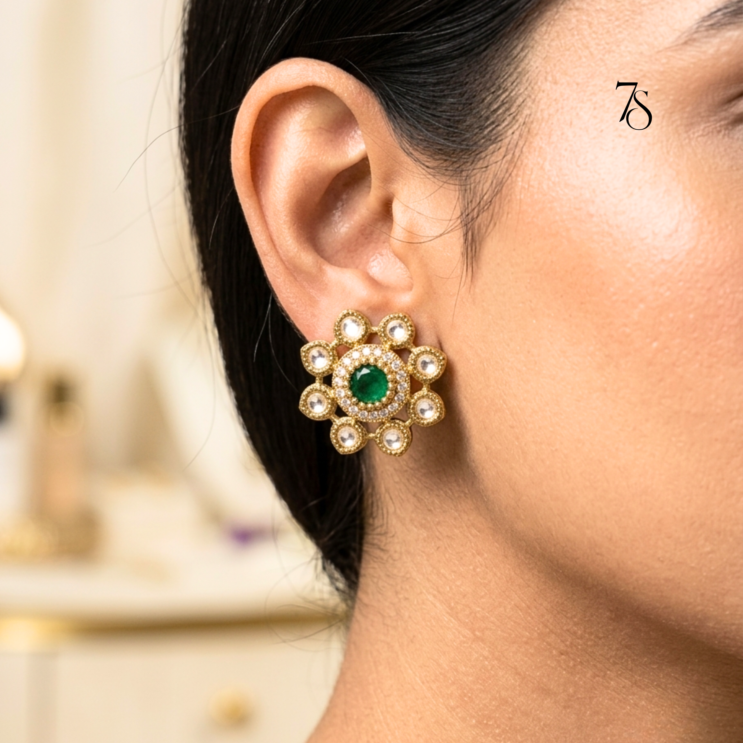 Royale Kundan Floral Stud Earrings in Antique Gold Finish
