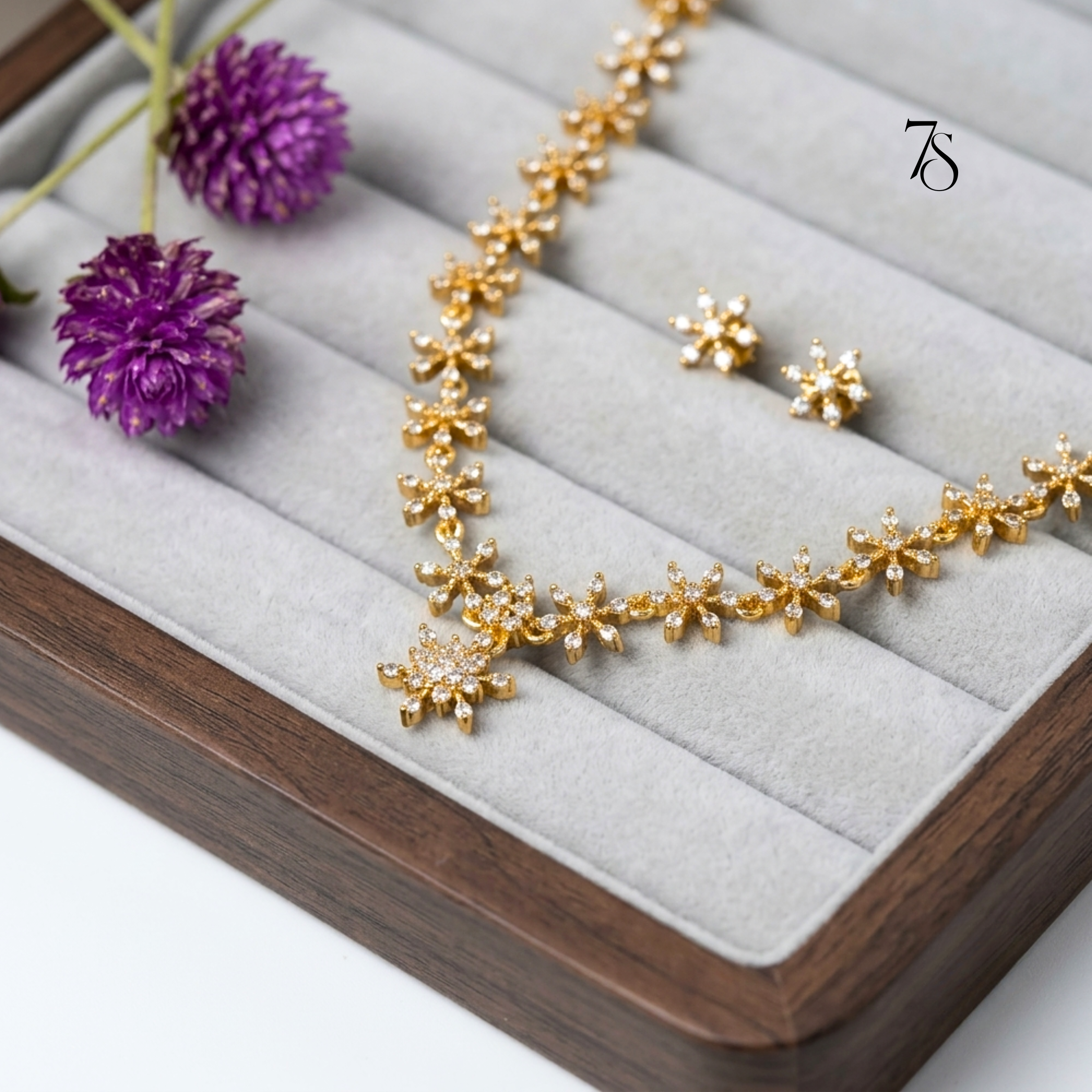 Aura CZ Floral Necklace & Studs Set – Gold finish