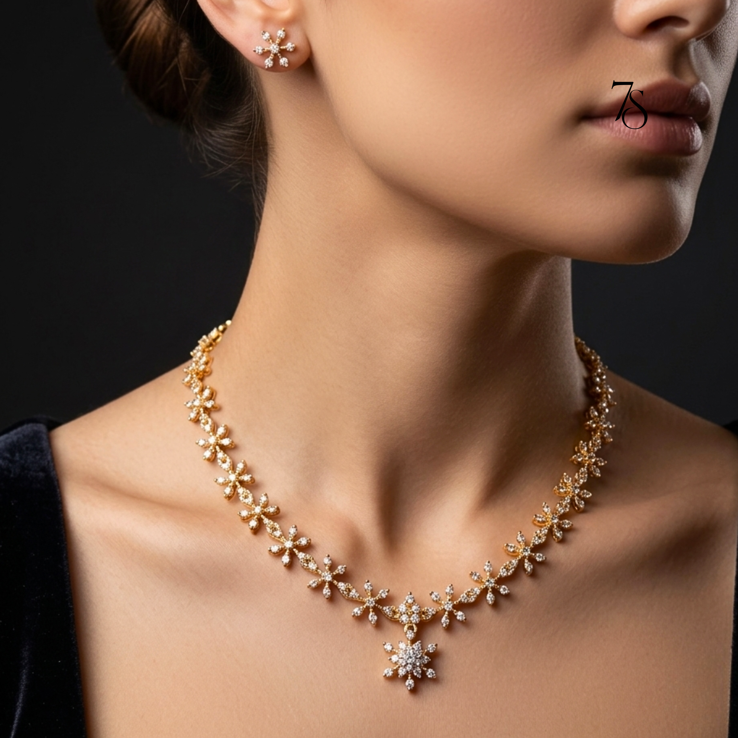 Aura CZ Floral Necklace & Studs Set – Gold finish