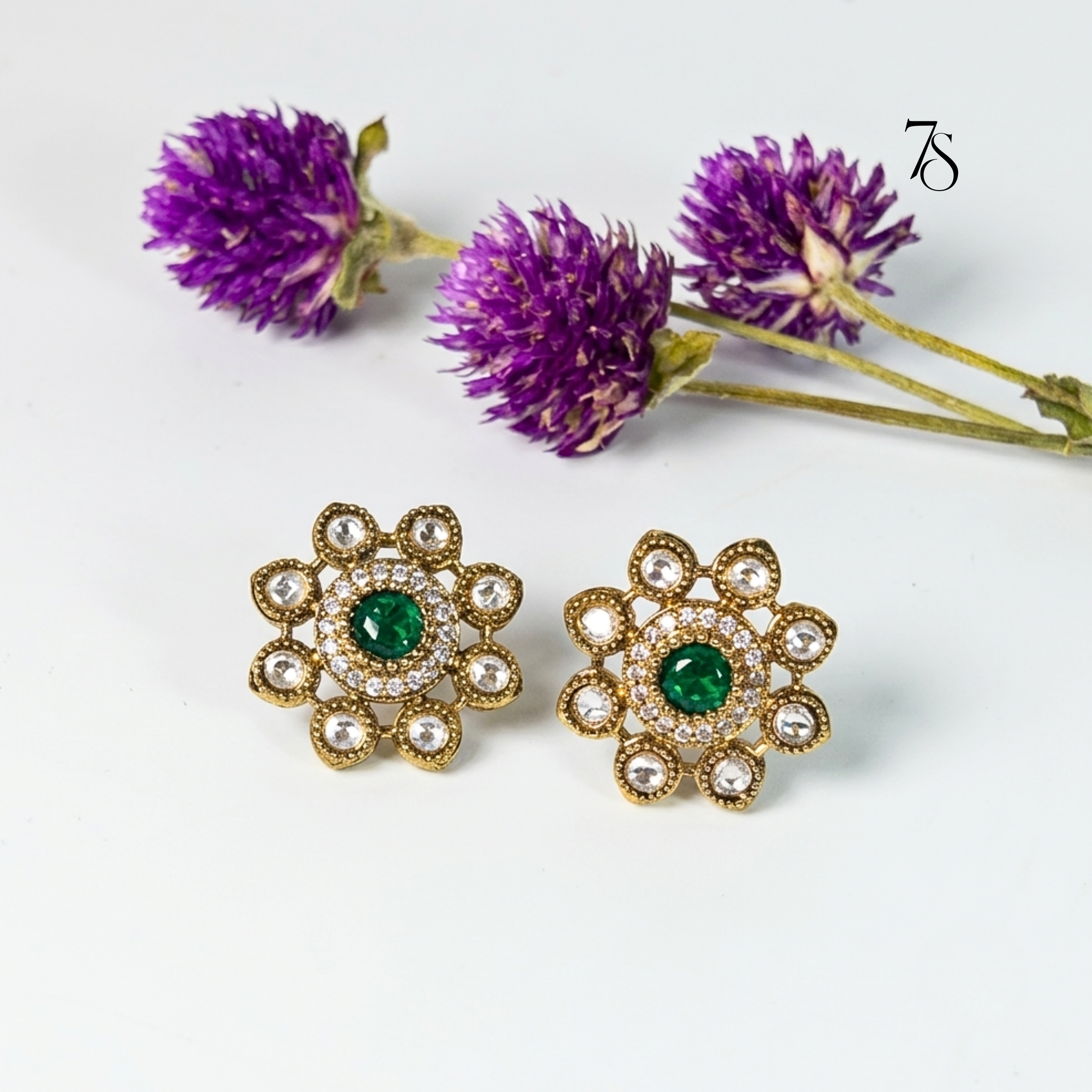 Royale Kundan Floral Stud Earrings in Antique Gold Finish