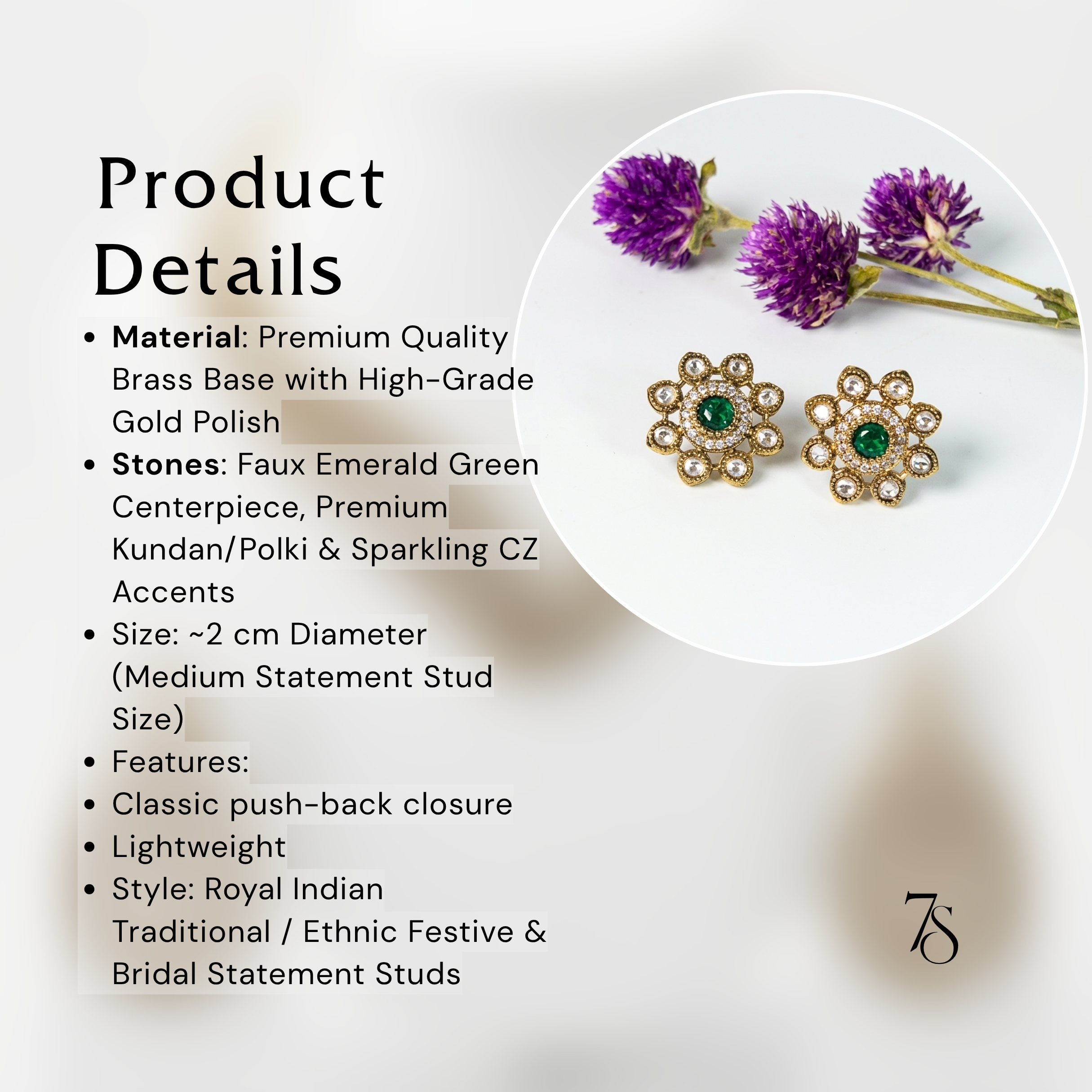 Royale Kundan Floral Stud Earrings in Antique Gold Finish