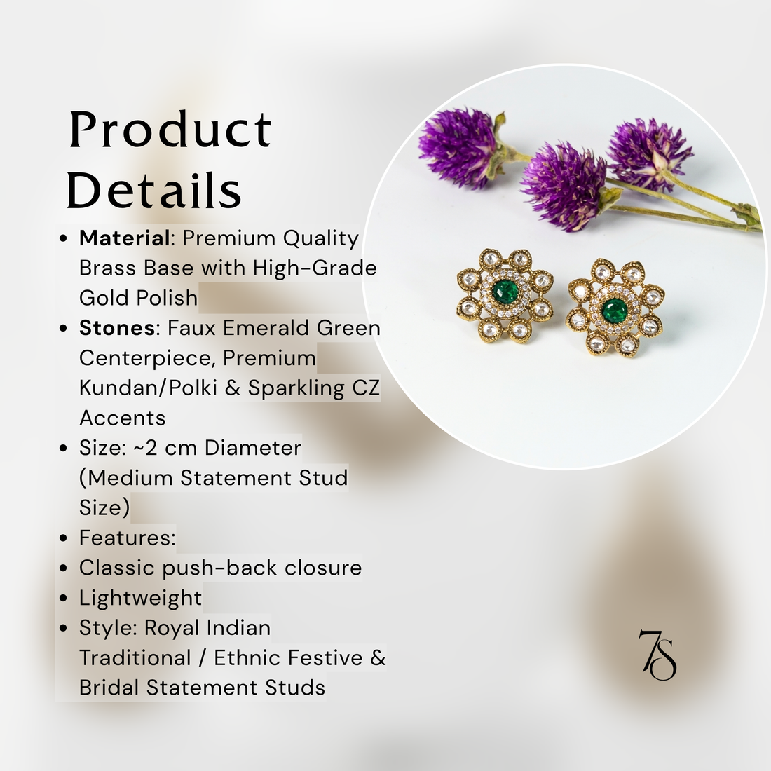 Royale Kundan Floral Stud Earrings in Antique Gold Finish