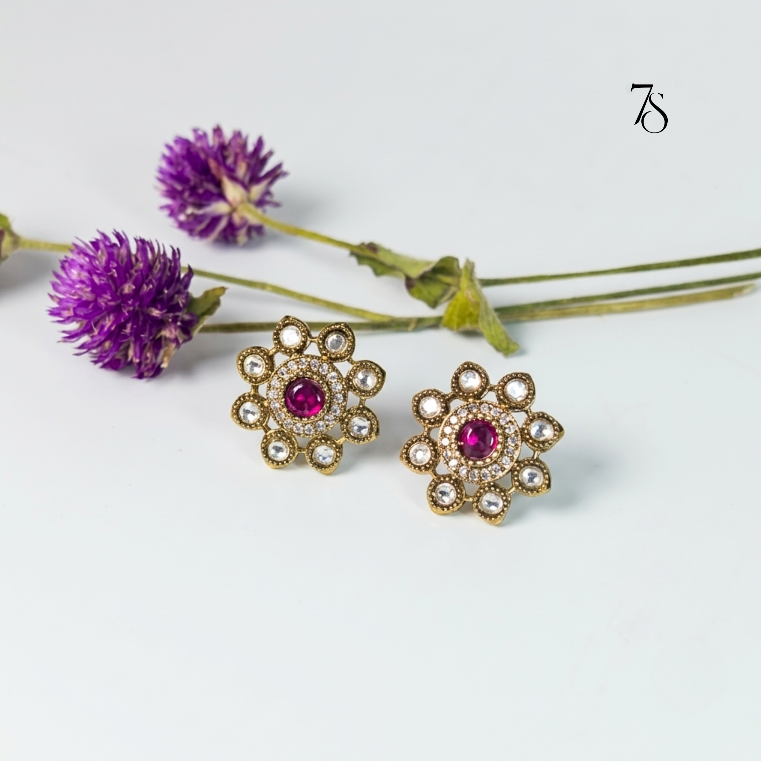 Royale Kundan Floral Stud Earrings in Antique Gold Finish