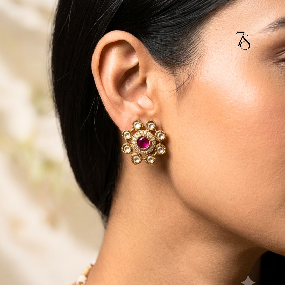 Royale Kundan Floral Stud Earrings in Antique Gold Finish