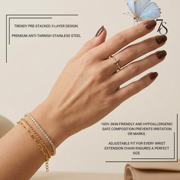 Three Layered Chain Bracelet for Women — Anti-Tarnish Gold Finish Stainless Steel Stacked Daily Wear Bracelet