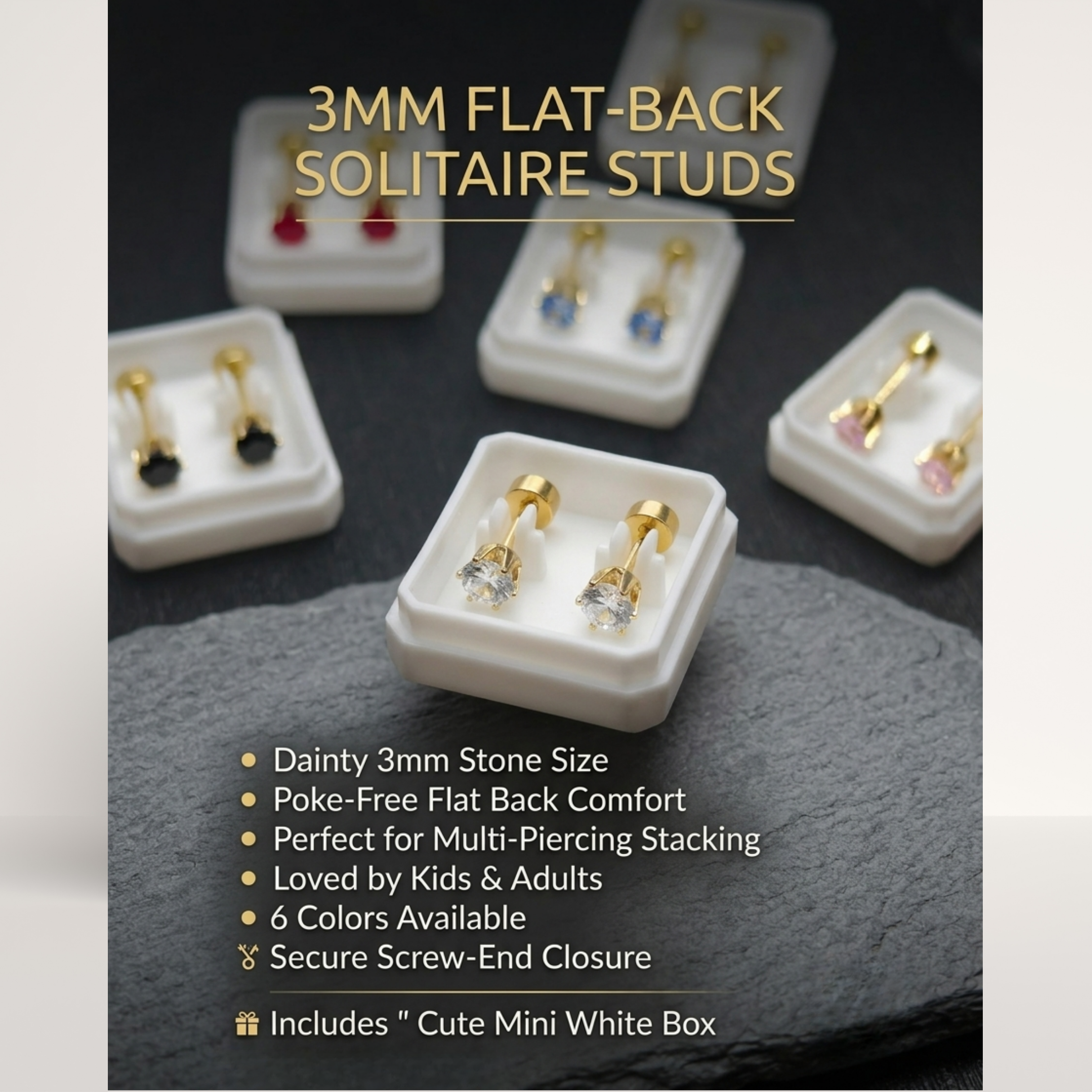 Mini Solitaire Flat-Back Stud Earrings - 6 colors