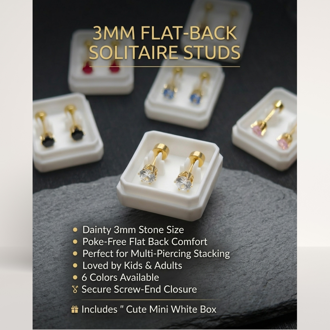 Mini Solitaire Flat-Back Stud Earrings - 6 colors