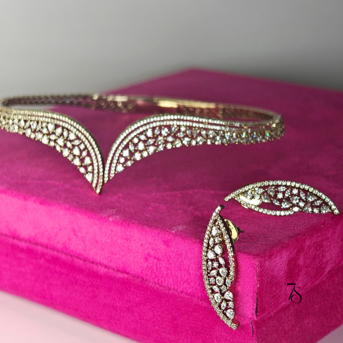 Midnight Gala CZ Hasli Set | Rhodium Plated Open-Front Choker with Earrings