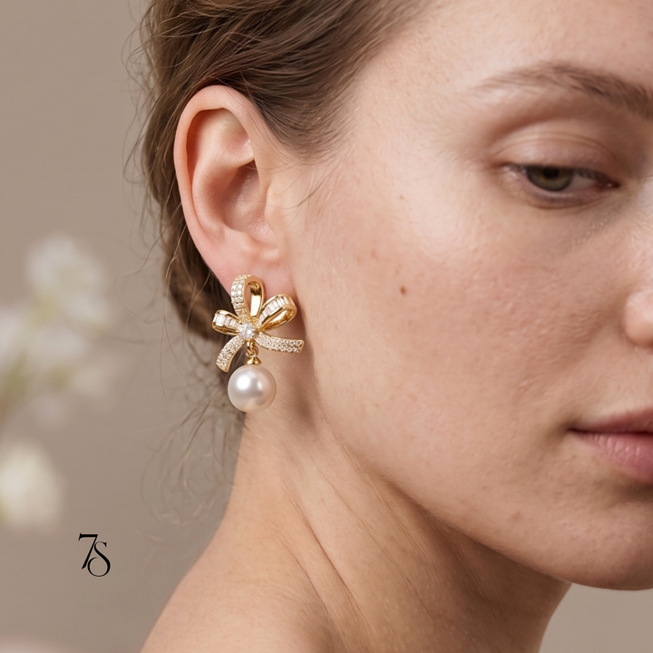 Ribbon & Pearl Drop Earrings