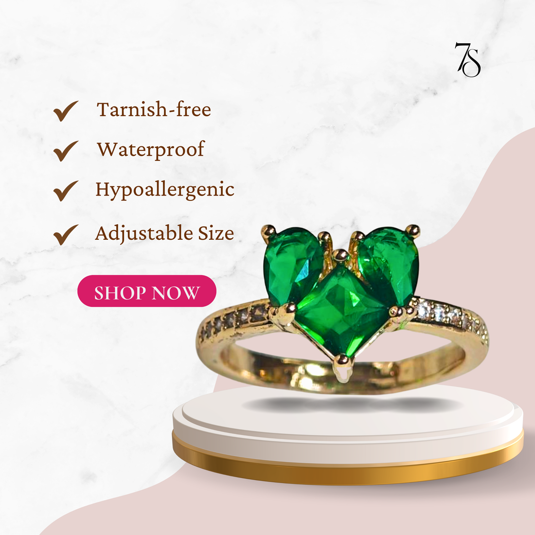Emerald-Inspired Tri-Stone Heart Ring