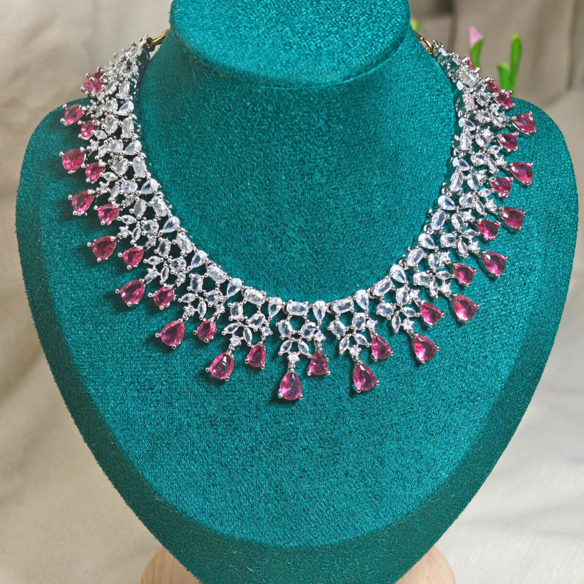 Ruby DewDrop American Diamond zirconia Set - Necklace & Earrings