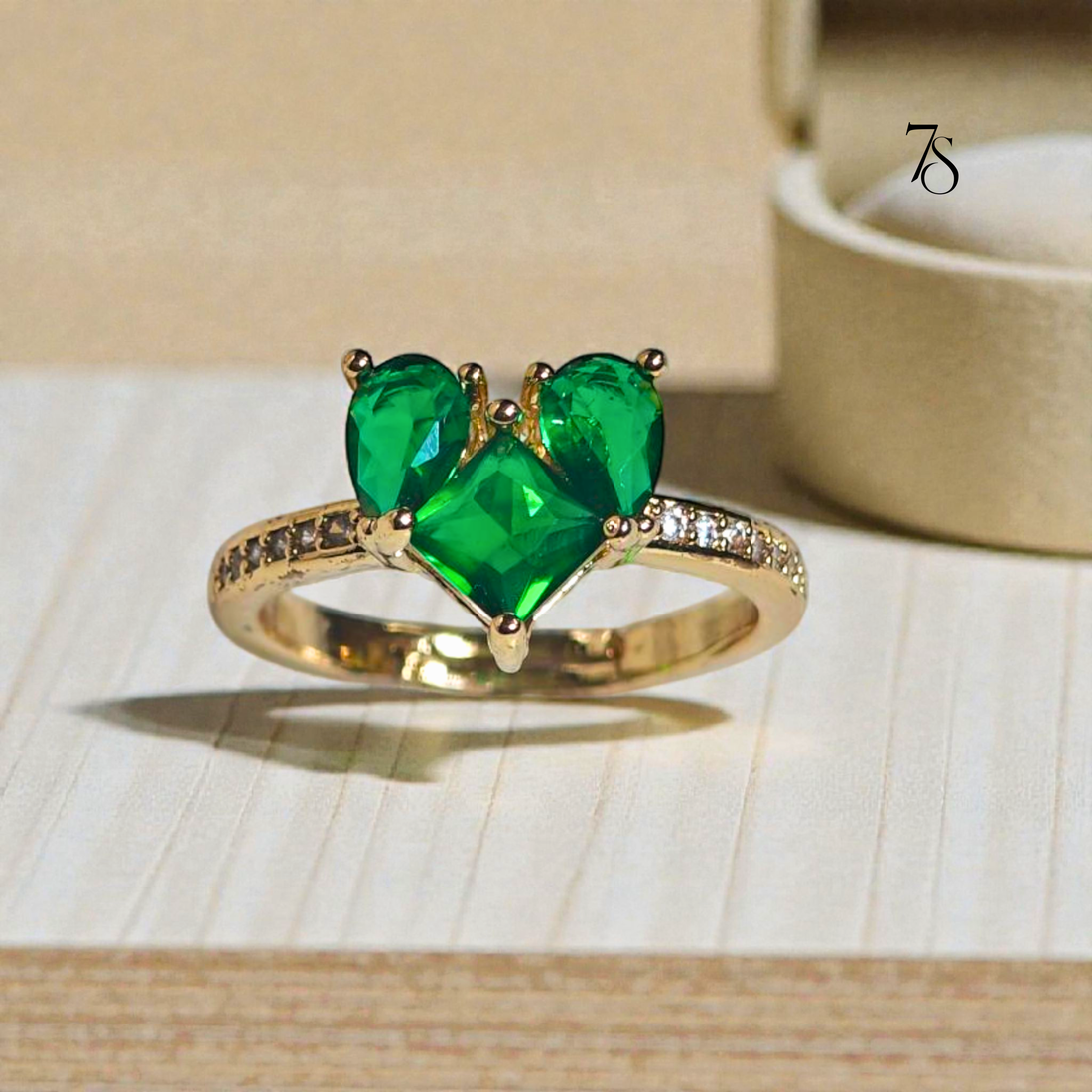 Emerald-Inspired Tri-Stone Heart Ring