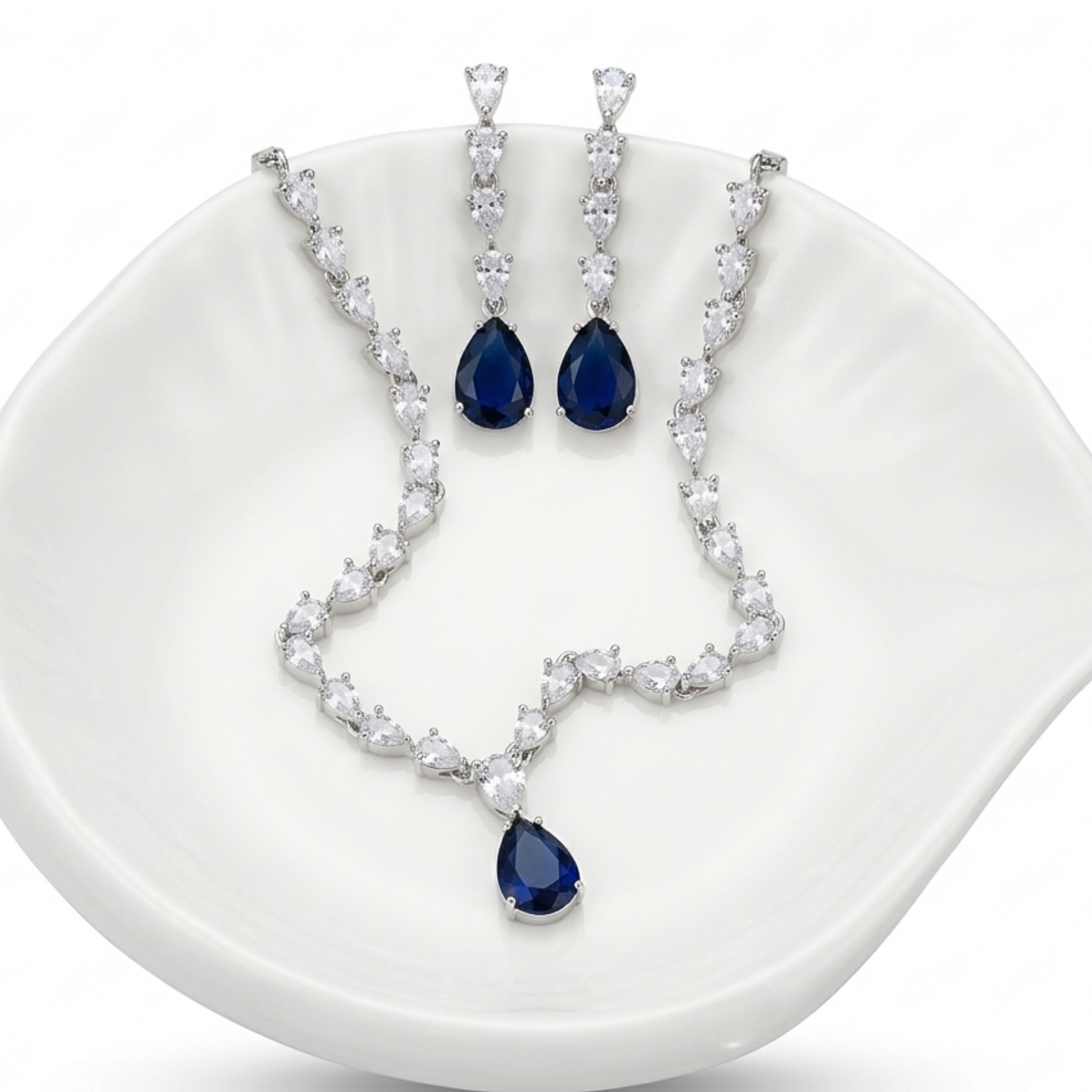 Midnight Blue Teardrop AD Necklace Set for Weddings | Premium CZ Jewellery