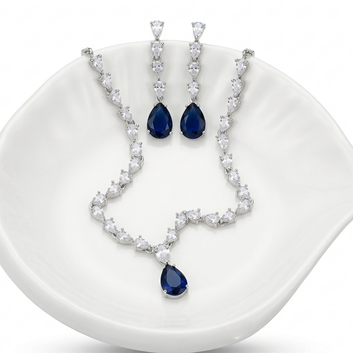 Midnight Blue Teardrop AD Necklace Set for Weddings | Premium CZ Jewellery
