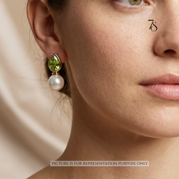 Pear Green Stone & Pearl Drop Stud Earrings