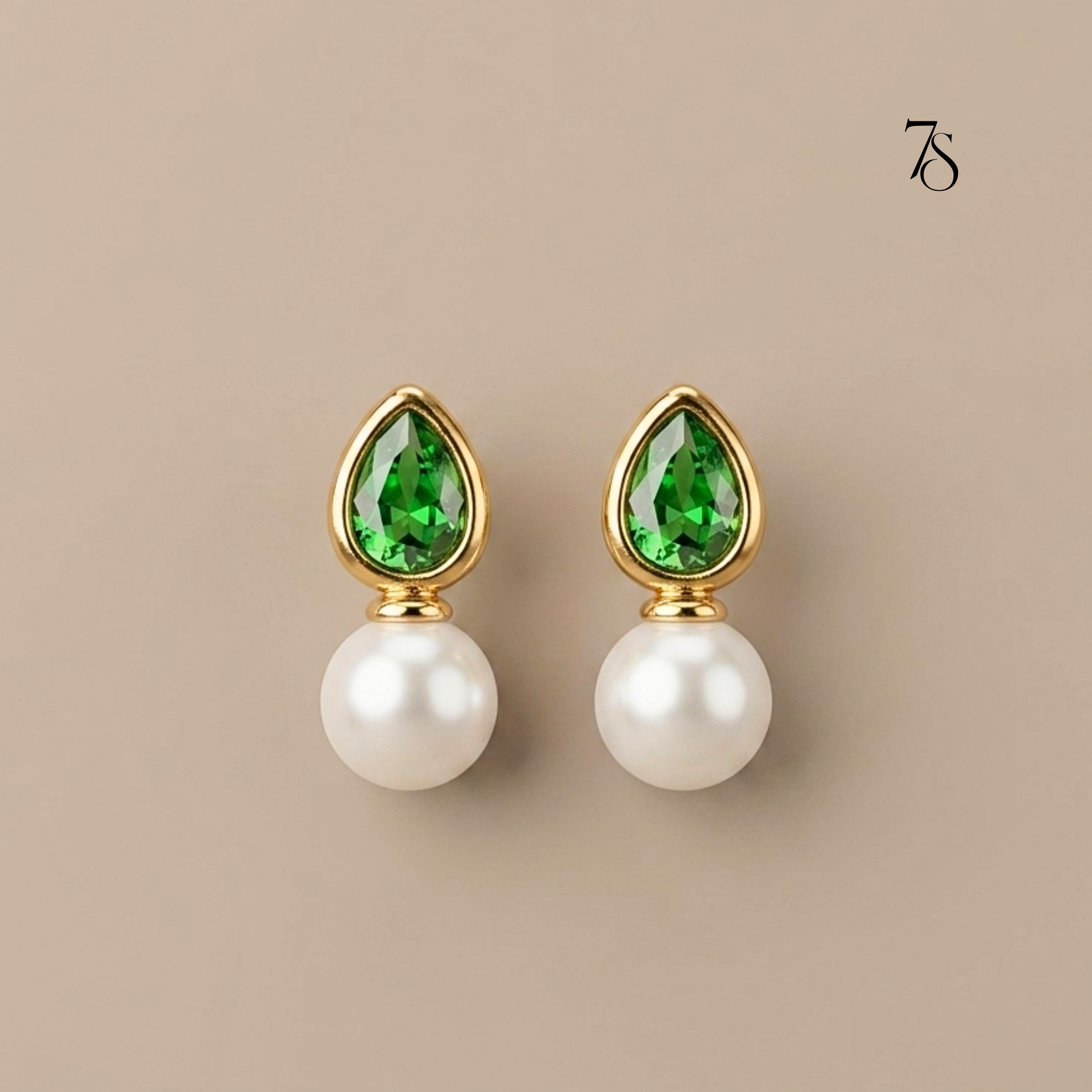 Pear Green Stone & Pearl Drop Stud Earrings