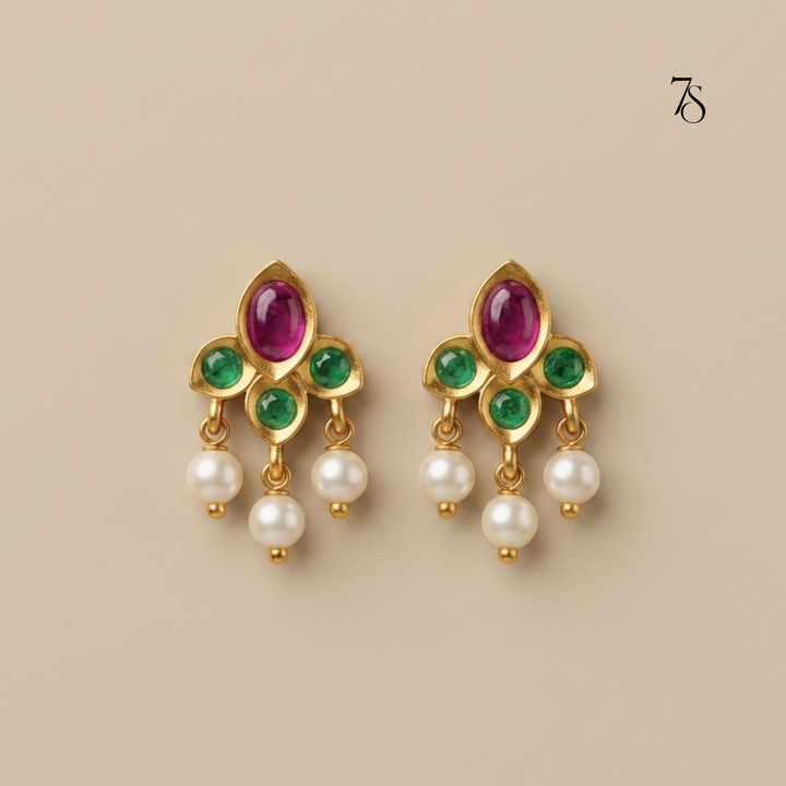 Traditional South Indian Kemp Pearl Drop Studs