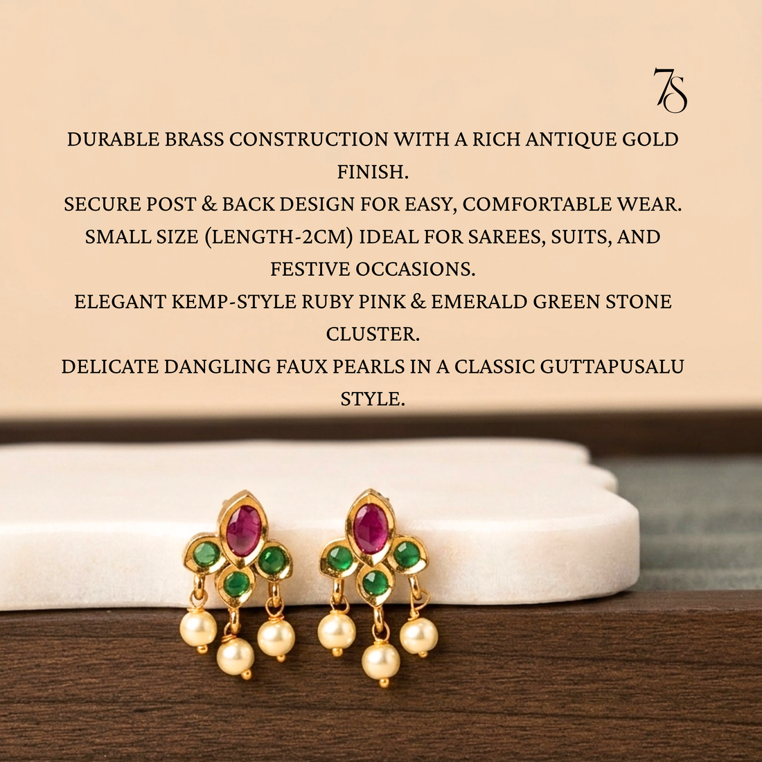Traditional South Indian Kemp Pearl Drop Studs