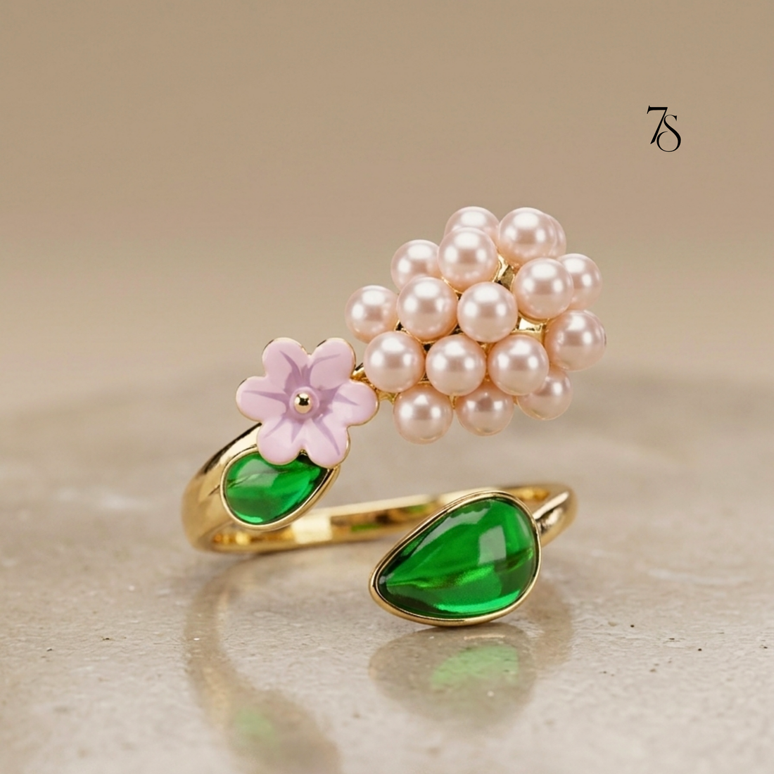 Floral Pearl Cluster Ring with Enamel Flower & Leaf