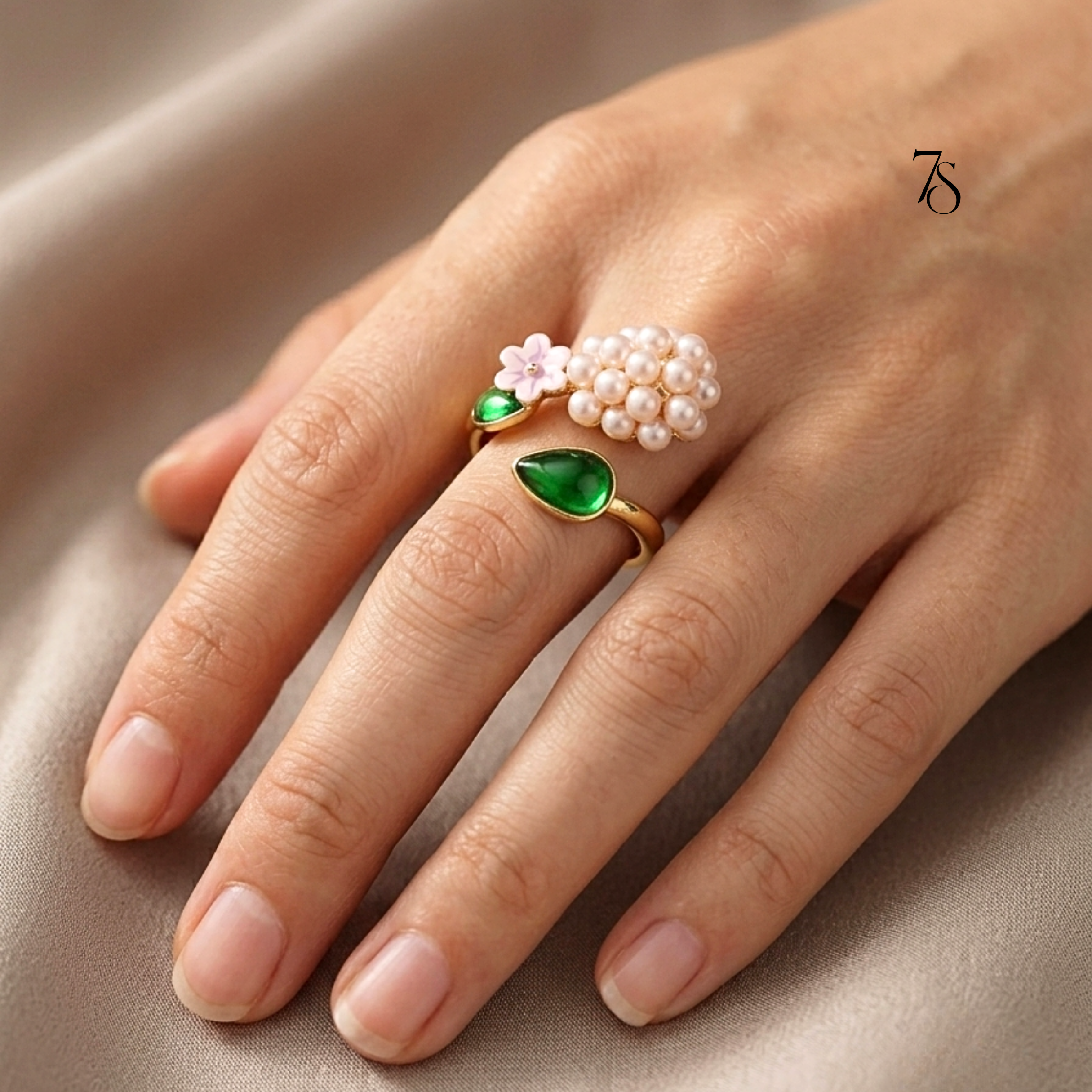 Floral Pearl Cluster Ring with Enamel Flower & Leaf