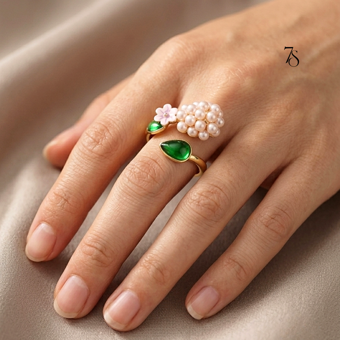 Floral Pearl Cluster Ring with Enamel Flower & Leaf