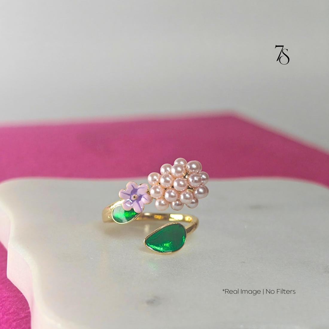 Floral Pearl Cluster Ring with Enamel Flower & Leaf