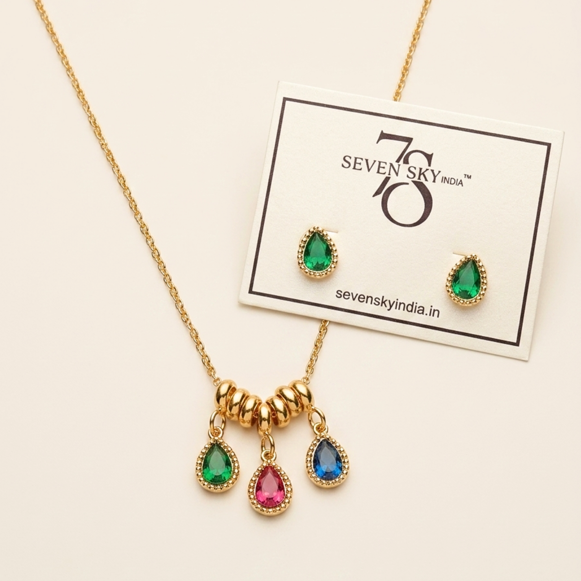 Multicolor Tear-Drop Pendant Necklace & Matching Stud Earring