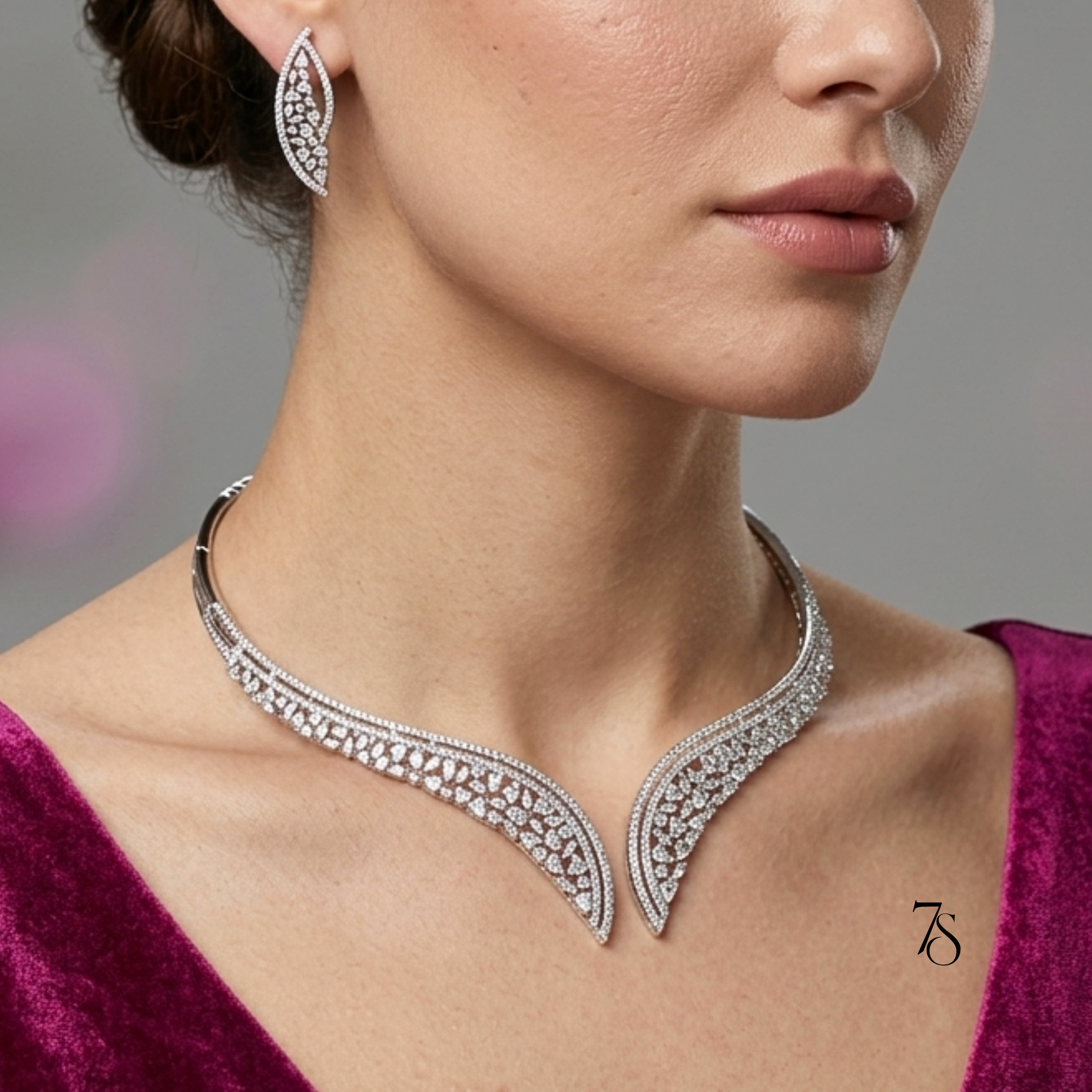 Midnight Gala CZ Hasli Set | Rhodium Plated Open-Front Choker with Earrings