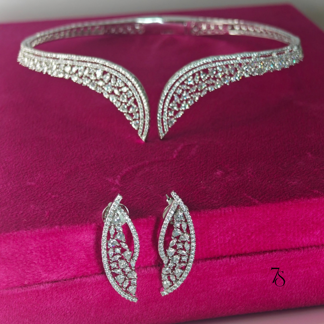 Midnight Gala CZ Hasli Set | Rhodium Plated Open-Front Choker with Earrings