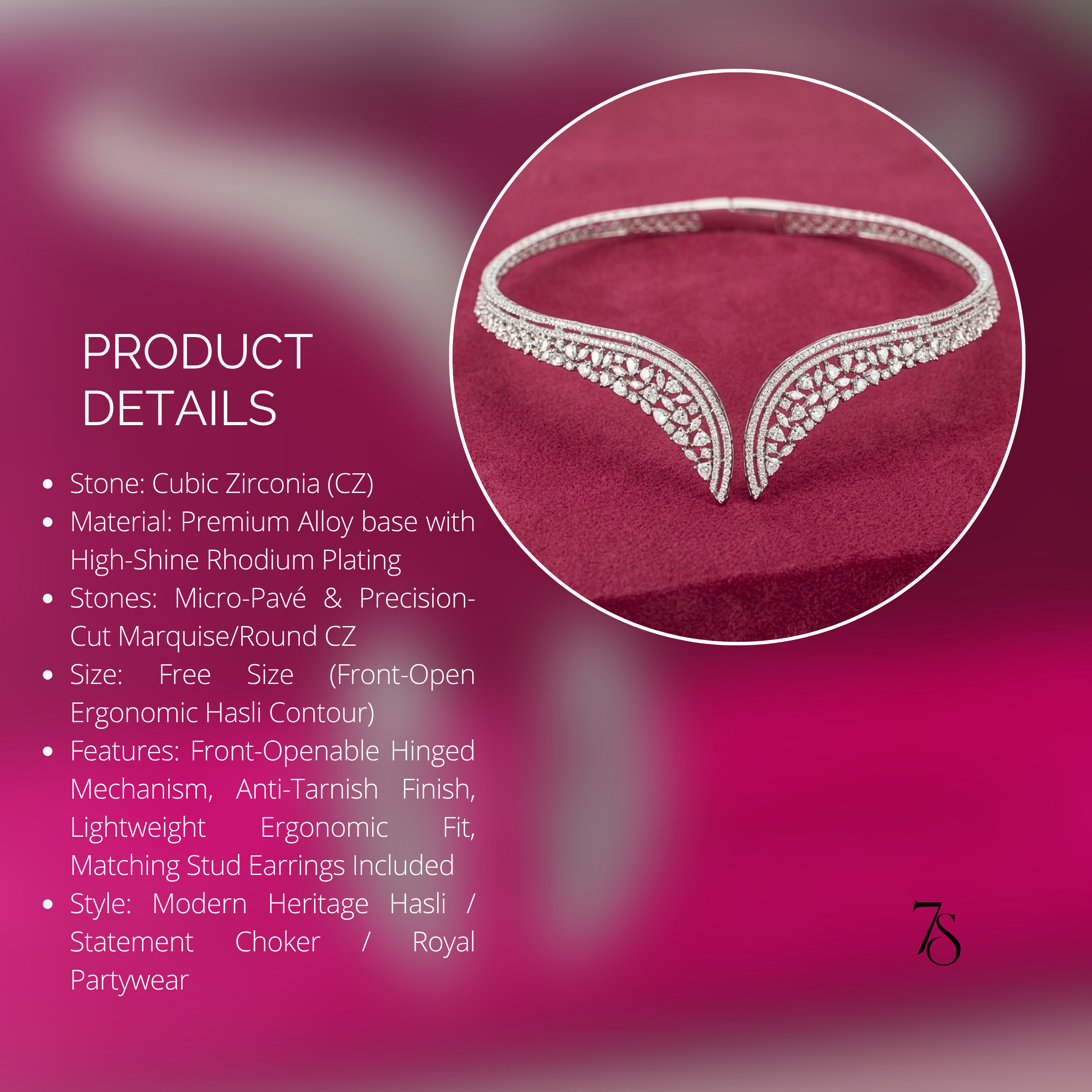 Midnight Gala CZ Hasli Set | Rhodium Plated Open-Front Choker with Earrings