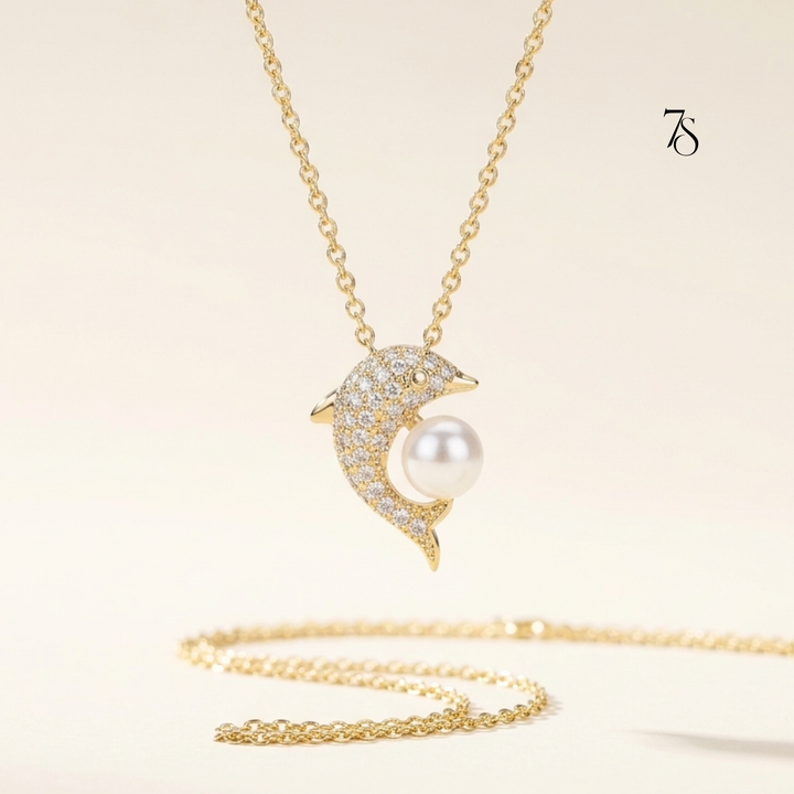 Dolphin Pearl Pendant Neckchain | Anti-Tarnish 18K Gold PVD Plated