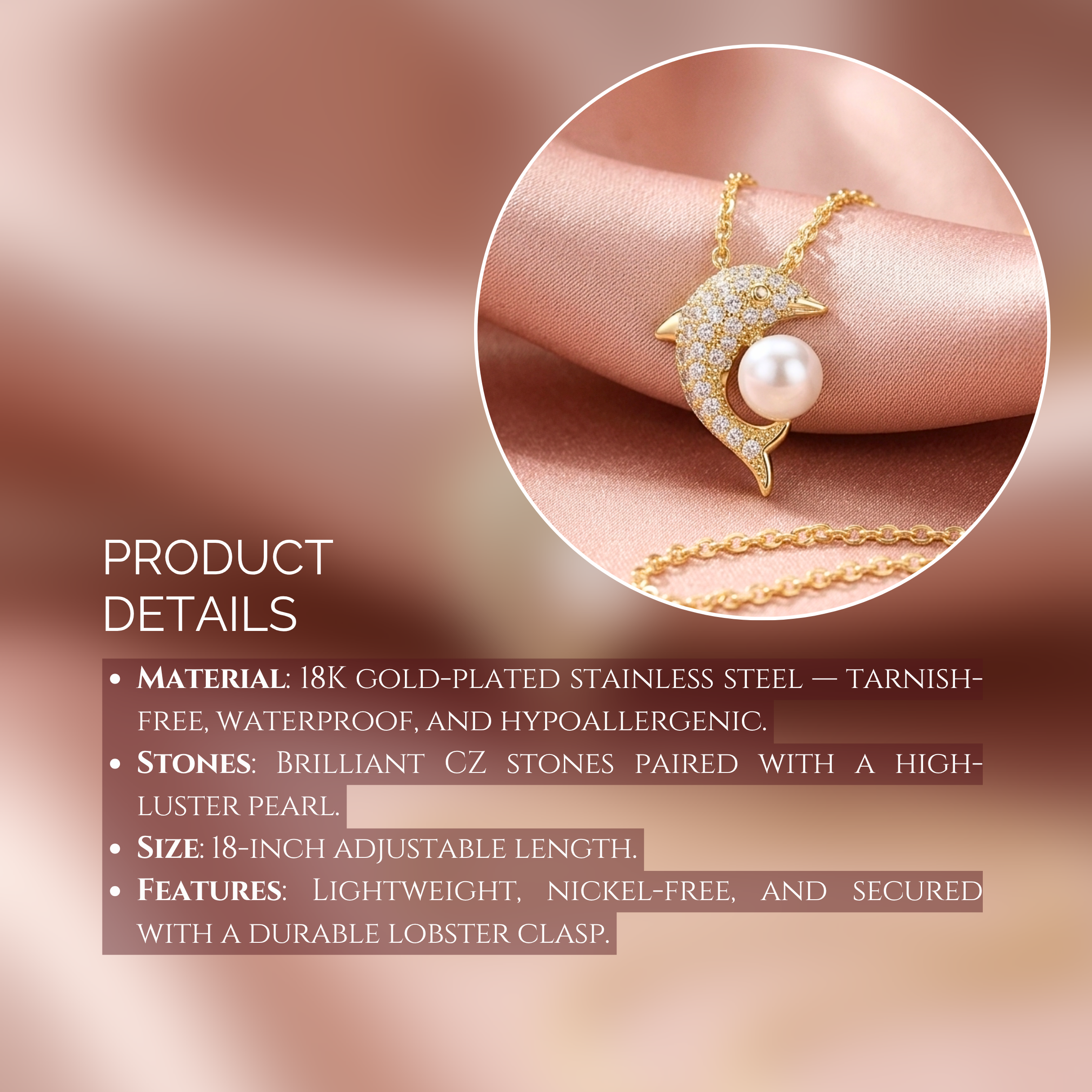 Dolphin Pearl Pendant Neckchain | Anti-Tarnish 18K Gold PVD Plated