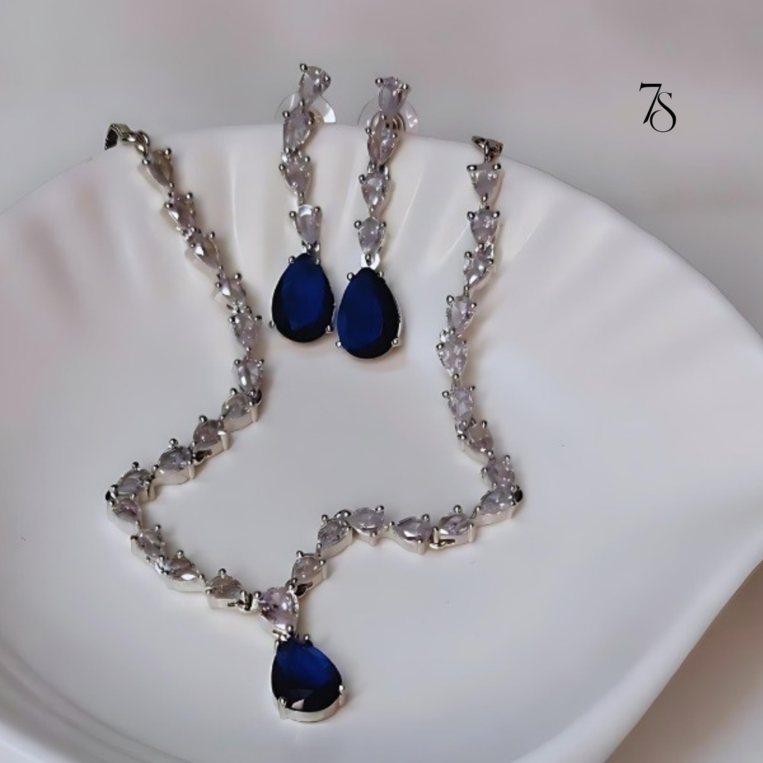 Midnight Blue Teardrop AD Necklace Set for Weddings | Premium CZ Jewellery