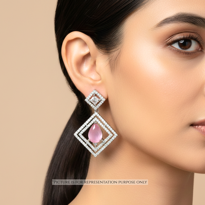 Pink Velvet American Diamond Square Drop Earrings