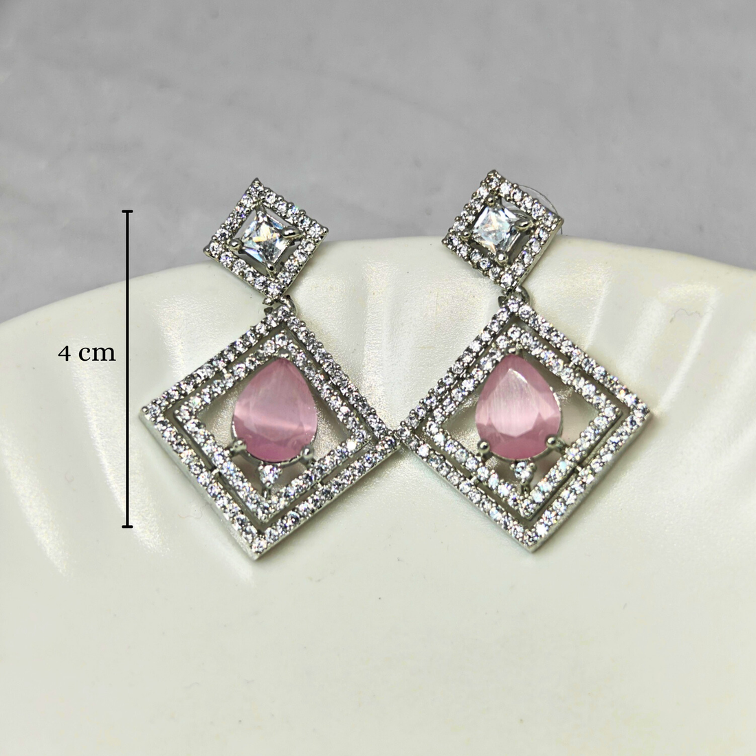 Pink Velvet American Diamond Square Drop Earrings
