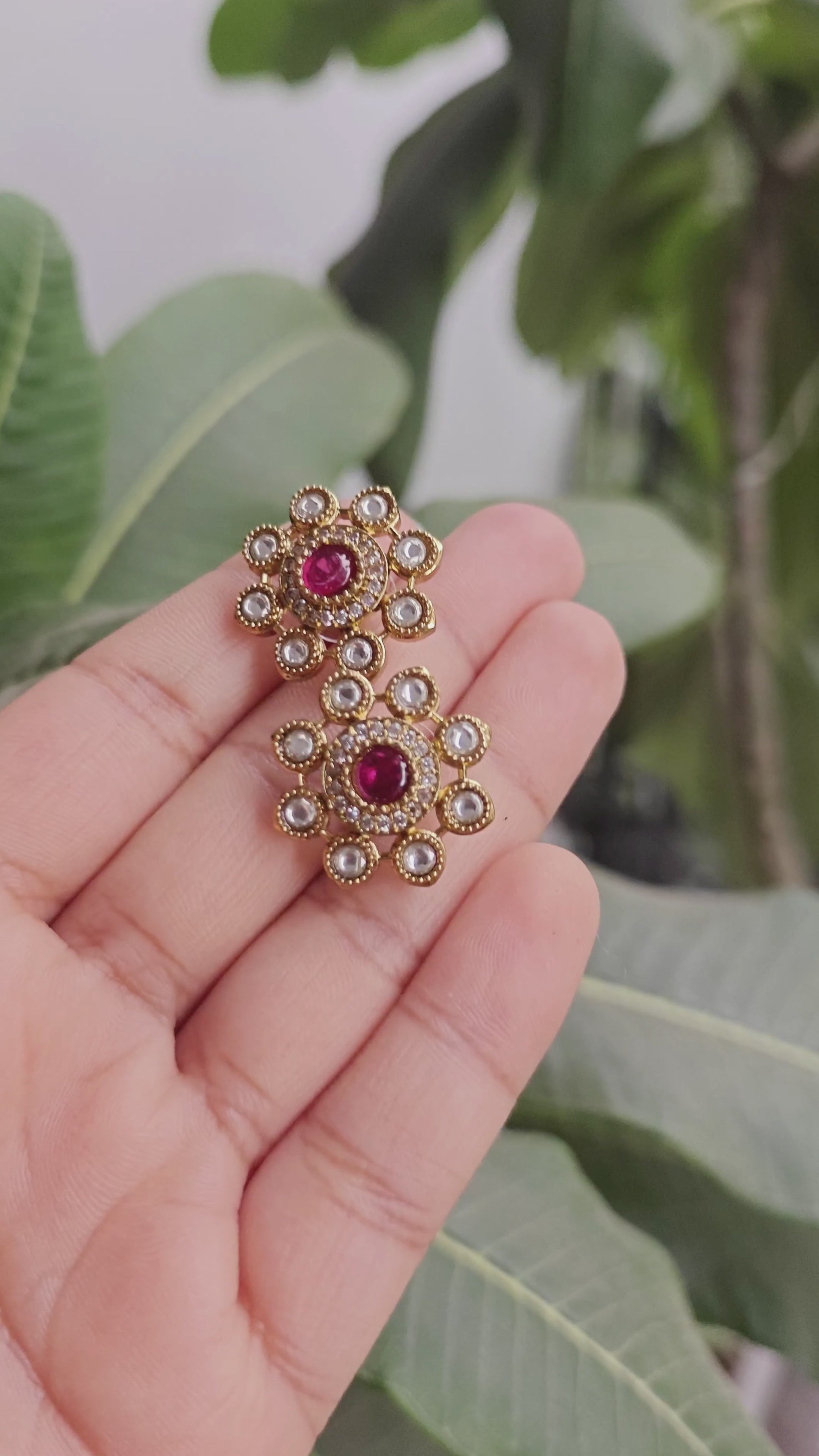 Royale Kundan Floral Stud Earrings in Antique Gold Finish